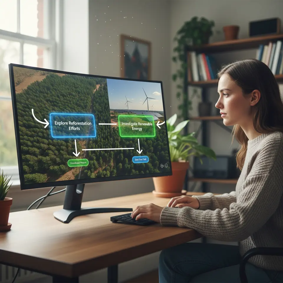 Branching Scenarios: An interactive video interface displaying a ‘choose-your-own-adventure’ moment—viewers see a paused scene with two or three on-screen buttons or hotspots labeled with different paths, each leading to a unique storyline. The image highlights decision branches with arrows or flow lines connecting to separate video frames and end-path CTAs like “Download Report” or “Start Free Trial.”