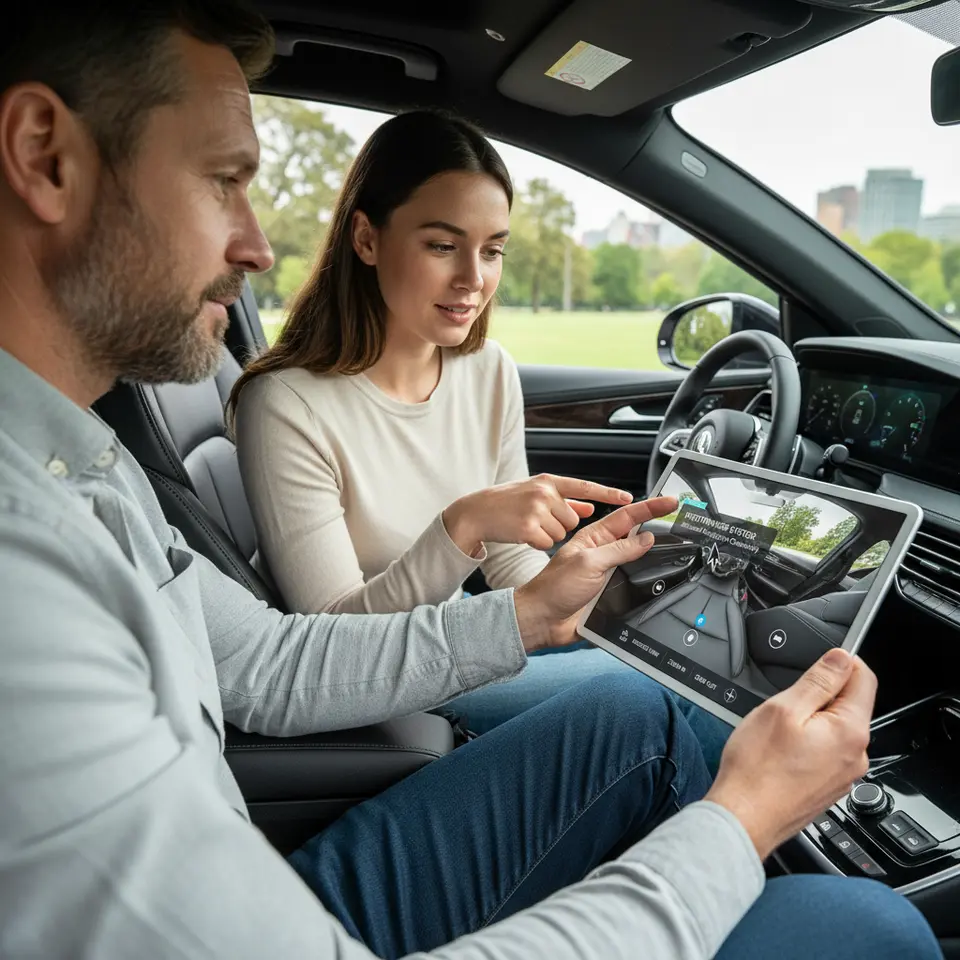 360-Degree Experiences: A fully immersive 360° video environment—for example, the interior of a modern car or a high-end real estate property—where users can click and drag to rotate the view. Hotspots appear over the dashboard or room features, revealing pop-up info boxes or product details. The scene conveys depth, interactive cursors, and user controls (arrows, zoom icons) around the video frame.