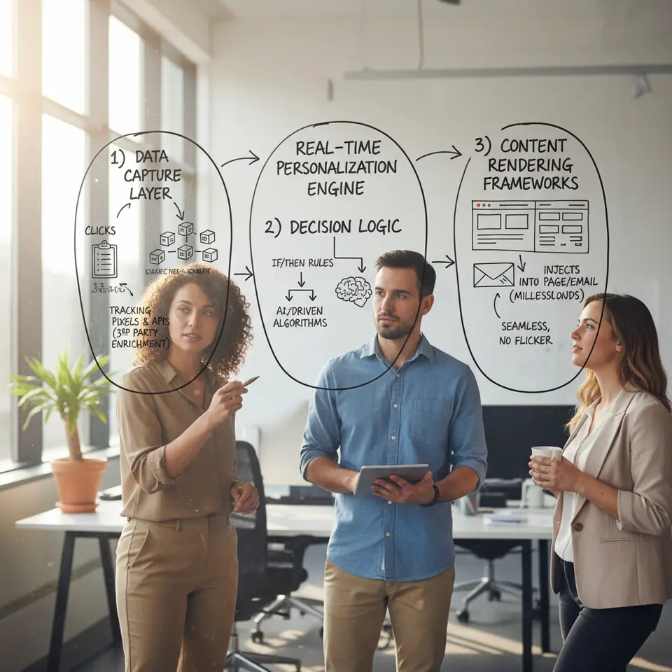 A visual diagram of the real-time personalization engine showing three core pillars: 1) data capture layer gathering first-party signals (form fills, clicks) and third-party enrichments via tracking pixels and APIs, 2) decision logic applying simple if/then rules or AI-driven algorithms, and 3) content rendering frameworks injecting dynamic modules into the page or email in milliseconds for a seamless personalized experience without flicker.