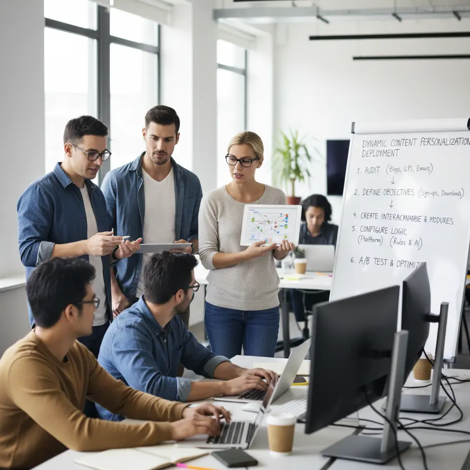 A step-by-step deployment roadmap for dynamic content personalization: auditing high-traffic blog posts, landing pages, and email sequences; defining clear objectives (e.g., demo sign-ups, whitepaper downloads); mapping personas and user journeys; creating interchangeable modules (headlines, images, CTAs) stored in a personalization platform; configuring rule-based and AI-driven personalization logic; and running A/B or multivariate tests to measure and optimize performance.