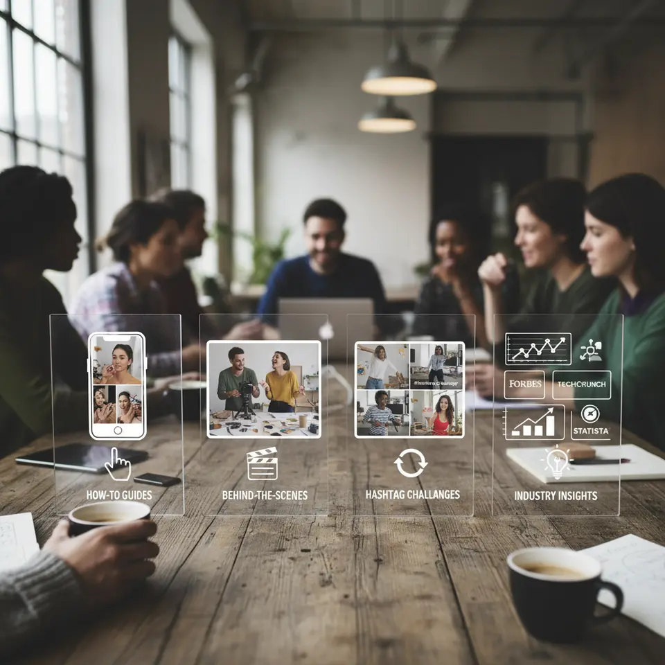 A visually striking diagram of four content pillars for TikTok inbound marketing: one pillar showing a short how-to tutorial (e.g., step-by-step beauty or DIY demo on a smartphone), a second pillar depicting behind-the-scenes footage (team collaborating in a casual office or studio), a third pillar illustrating a branded hashtag challenge with multiple users creating and sharing videos, and a fourth pillar featuring industry insights (data charts, trend icons, academic source logos). Each pillar is represented by a bold icon and brief label, arranged in a clean, cohesive layout.