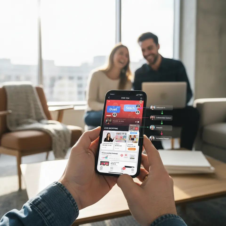 An illustrative overview of advanced TikTok features and growth tactics on a mobile screen: highlight the Duet and Stitch buttons with sample user interactions, a live shopping session with clickable product cards and real-time checkout popups, a branded hashtag challenge banner with rising engagement metrics, In-Feed Ad and TopView ad placements marked on the For You feed, and an influencer collaboration flow chart. Use vivid colors and TikTok UI elements for authenticity.