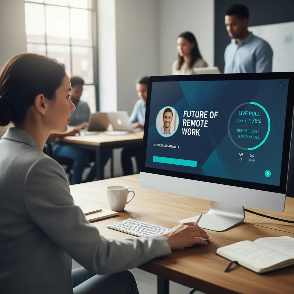 Designing Visual Assets: A sleek webinar slide layout featuring a brand-consistent color palette, high-resolution graphics, an inset speaker headshot, and an interactive overlay showing real-time poll results in a modern interface.