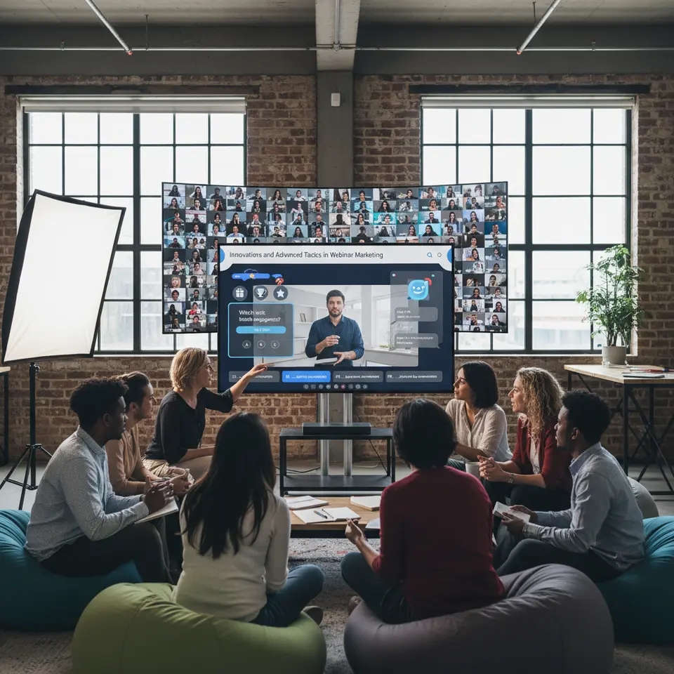 Innovations and Advanced Tactics in Webinar Marketing: A hybrid event scene with a small local meetup audience around a screen, a global live stream playing on a large monitor, gamification pop-up quizzes with prize icons, an AI chatbot chat window, and live caption translation overlays.