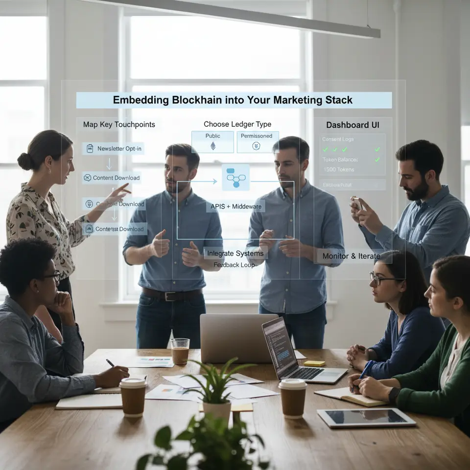 Five-step integration flowchart for Embedding Blockchain into Your Marketing Stack: Step 1 visualizes mapping key touchpoints (newsletter opt-ins, content downloads) on a customer journey map; Step 2 compares public vs. permissioned ledgers with icons for Ethereum and Hyperledger; Step 3 shows APIs and middleware connecting CRM/automation tools to the blockchain; Step 4 depicts an intuitive dashboard UI displaying consent logs and token balances; Step 5 highlights monitoring metrics (conversion uplift, dispute rates) and iterative feedback loops