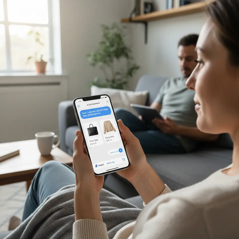 A smartphone screen displaying a live chat commerce conversation: an AI chatbot replies in a messaging-style bubble, dynamic product cards with thumbnail images, real-time pricing labels, an “Add to Cart” button, and integrated payment icons (Stripe, PayPal) at the bottom—all within a sleek mobile app interface.