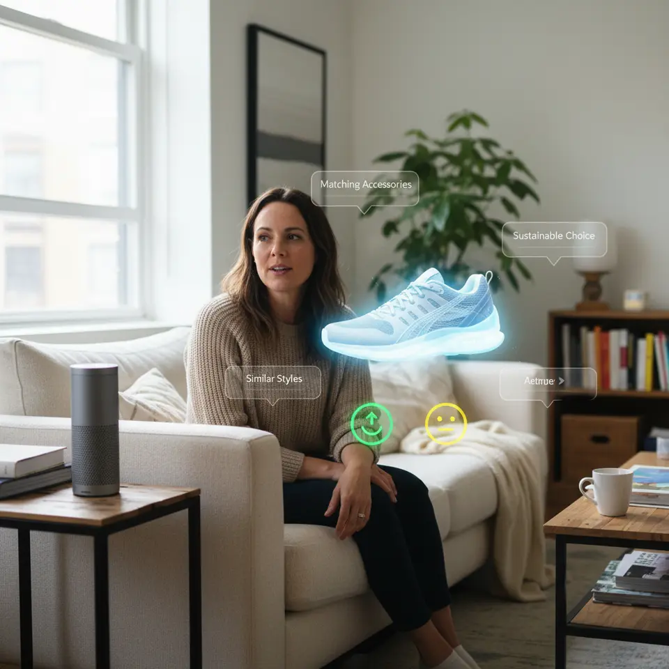 A futuristic scene showcasing emerging chat commerce innovations: a user speaking aloud to a voice-enabled smart speaker while an augmented reality preview of a product appears in their living room, predictive suggestion cards floating nearby, and AI sentiment analysis icons—blending voice control, AR visualization, and intelligent recommendations.