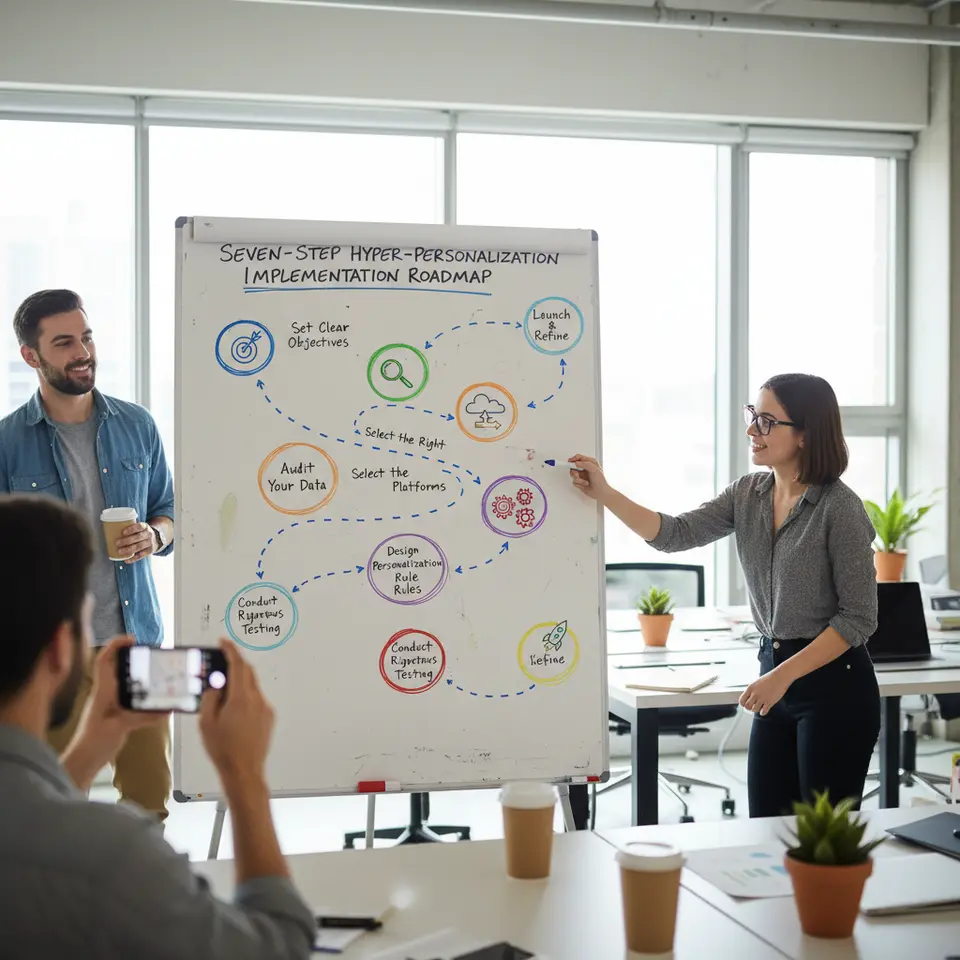 Seven-Step Hyper-Personalization Implementation Roadmap: create an infographic roadmap with seven distinct milestone markers labeled Set Clear Objectives, Audit Your Data, Select the Right Platforms, Build Micro-Segments, Design Personalization Rules, Conduct Rigorous Testing, and Launch & Refine—each step accompanied by a simple icon and connected by a winding path.