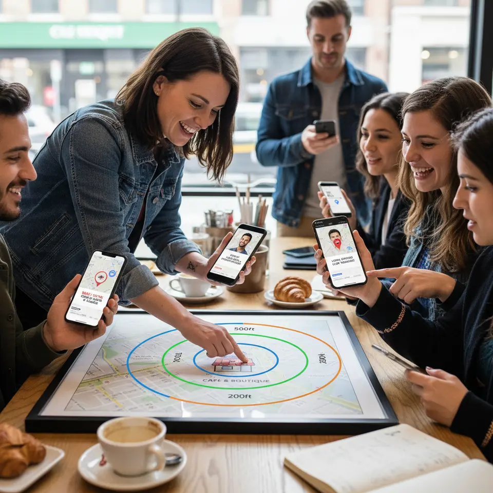 A detailed neighborhood map with colored radius circles around a storefront, smartphones showing geo-fenced ad pop-ups and location pins – illustrating geotargeted content and ads in hyperlocal marketing.