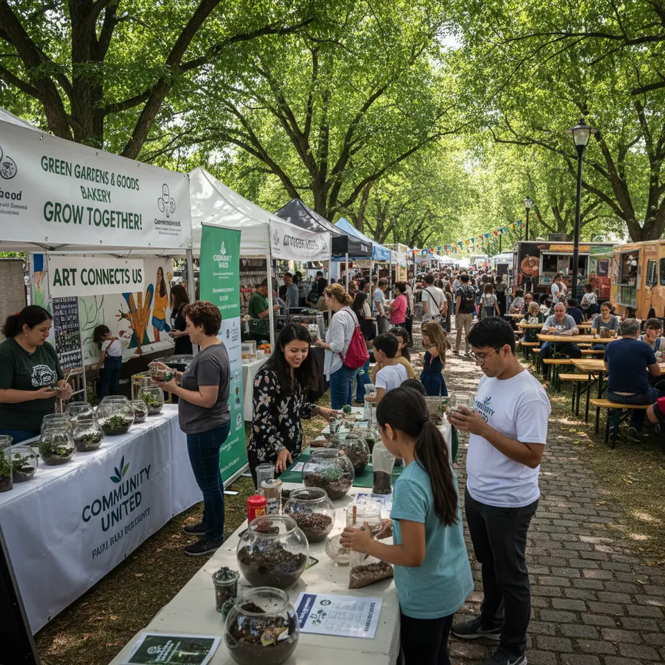 A vibrant outdoor community event scene featuring local business booths, co-branded banners, attendees mingling at a pop-up workshop, and collaborative signage – depicting community engagement through events and partnerships.